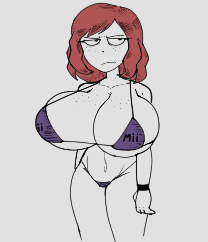 1girls, bikini, breasts, clothed, eye bags, female, female only, freckles, freckles on breasts, freckles on face, frowning, grey background, huge breasts, mii, nintendo, no sex, original character, partially colored, purple bikini, red hair, smorepoptarty, sodafreak, solid color background, someone else's oc, wristband