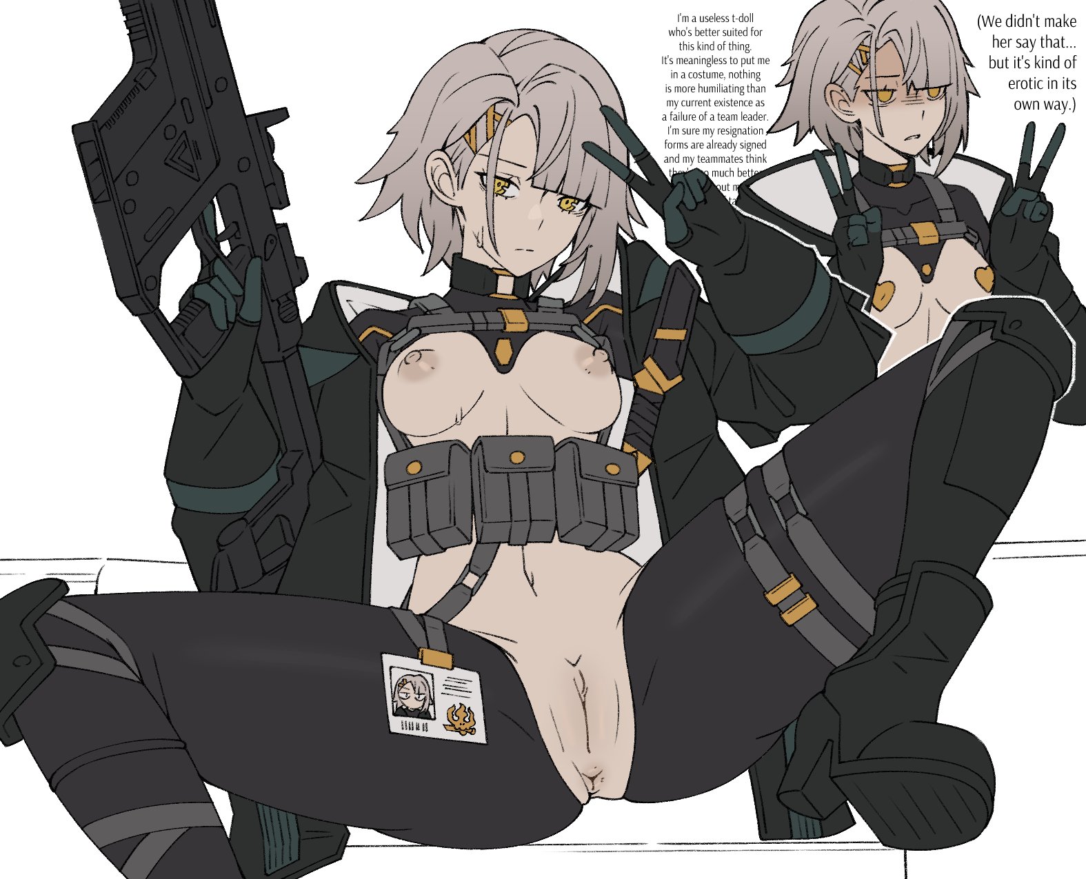 1girls, anus, boots, breasts, collage, double peace sign, dumb witch, female, firearm, frown, girls' frontline, girls' frontline 2: exilium, grey hair, gun, id card, jacket, peace sign, pussy, shadowed face, short hair, sitting, solo, tactical gear, text, tomboy, tough girl, vector (girls' frontline 2), vector (girls' frontline), yellow eyes
