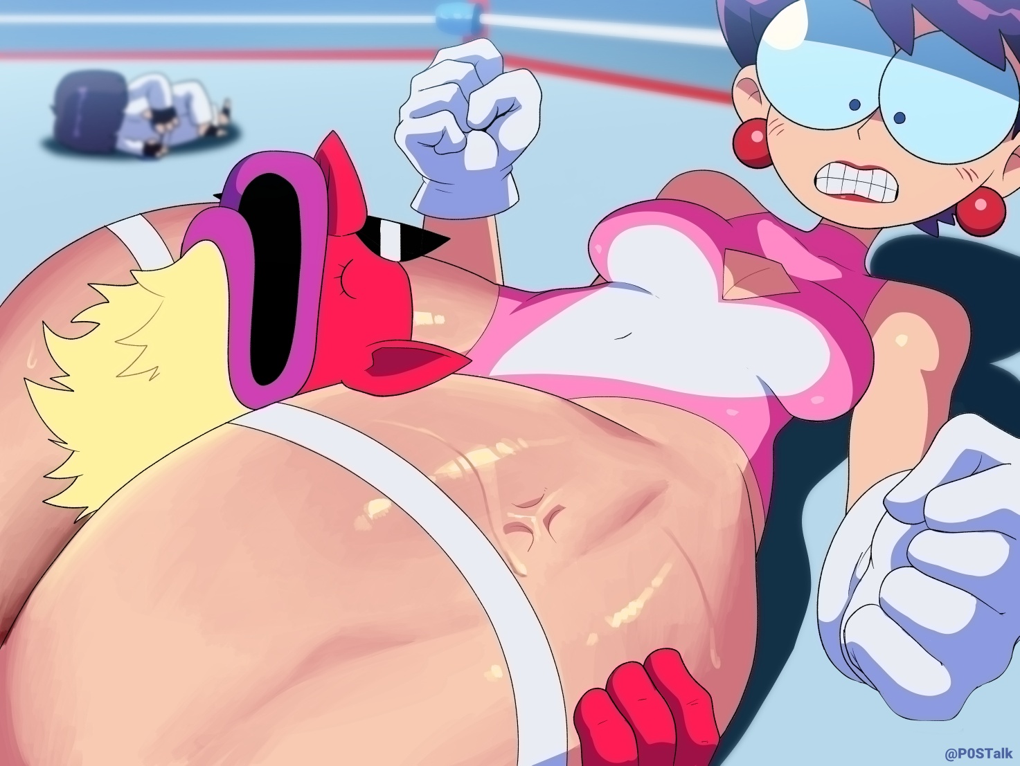 blonde hair, crush, crushing, female, female focus, head between thighs, headscissor, light skin, light-skinned female, male, mama matsumoto, matsumoto gogo, mature, mature female, milf, mother, muscular thighs, p0stalk, punch punch forever!, red body, red skin, red-skinned male, shirisaku nabe, thick thighs, thigh crush, thunder thighs, wrestler, wrestling, wrestling outfit, wrestling ring
