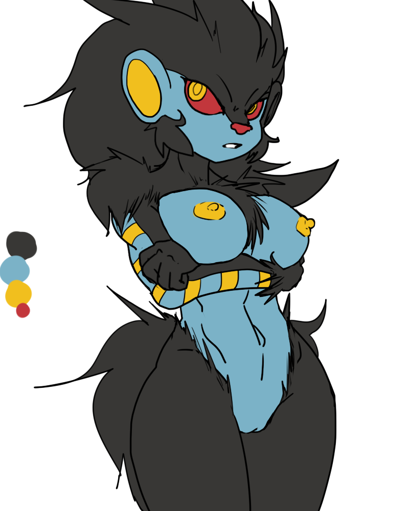 2012 breasts female luxray nipples nude plain_background pokemon pokemon_(species) pokemorph pussy red_sclera reiduran solo white_background yellow_eyes