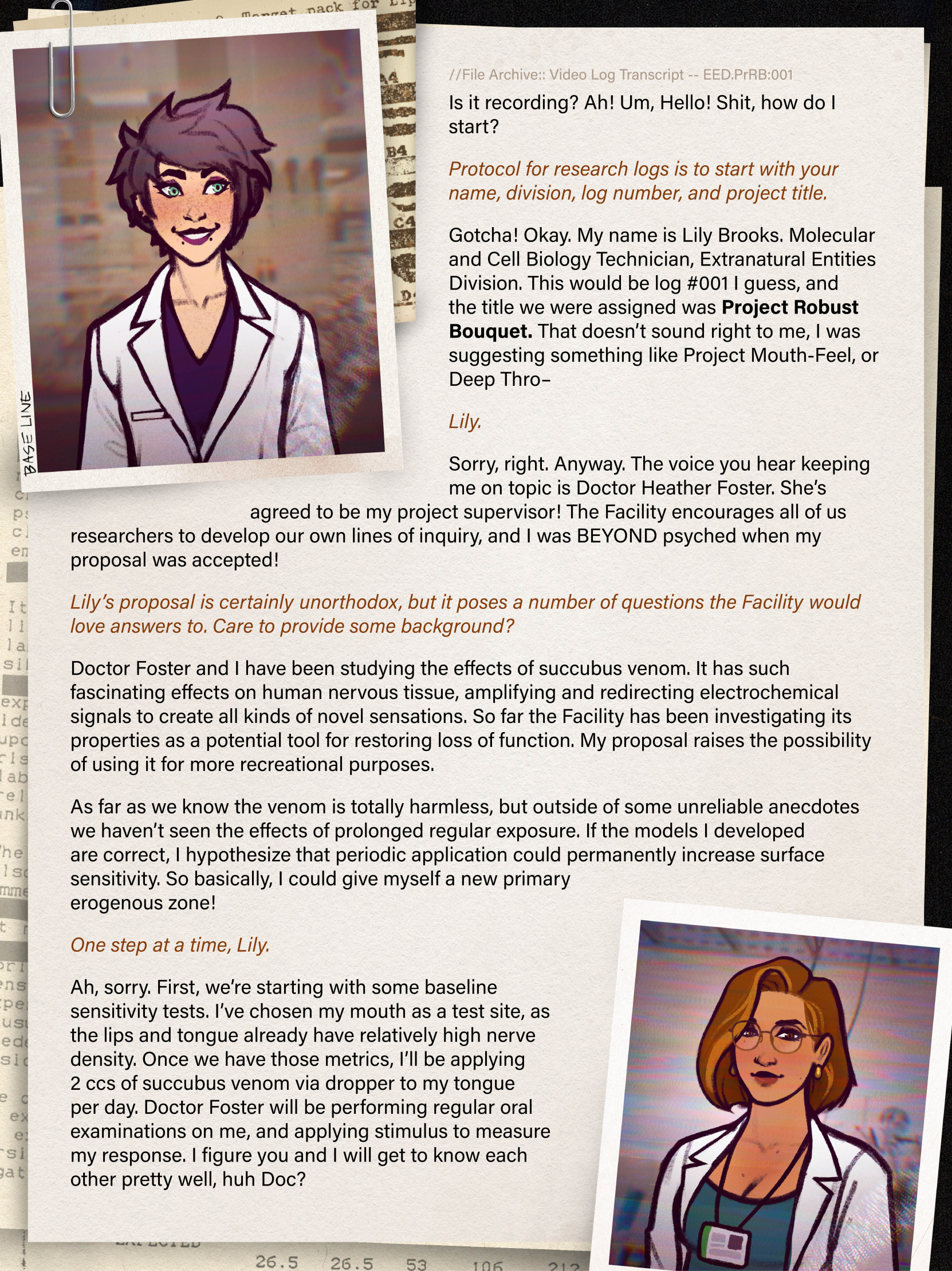 2girls, before transformation, black hair, brown eyes, brown hair, color, earrings, english text, experiment, female, fully clothed, glasses, green eyes, headshot portrait, image set, labcoat, monstrifex, portrait, pre-transformation, smile, snakebite piercing, tan skin, text, text focus, transformation, yuri
