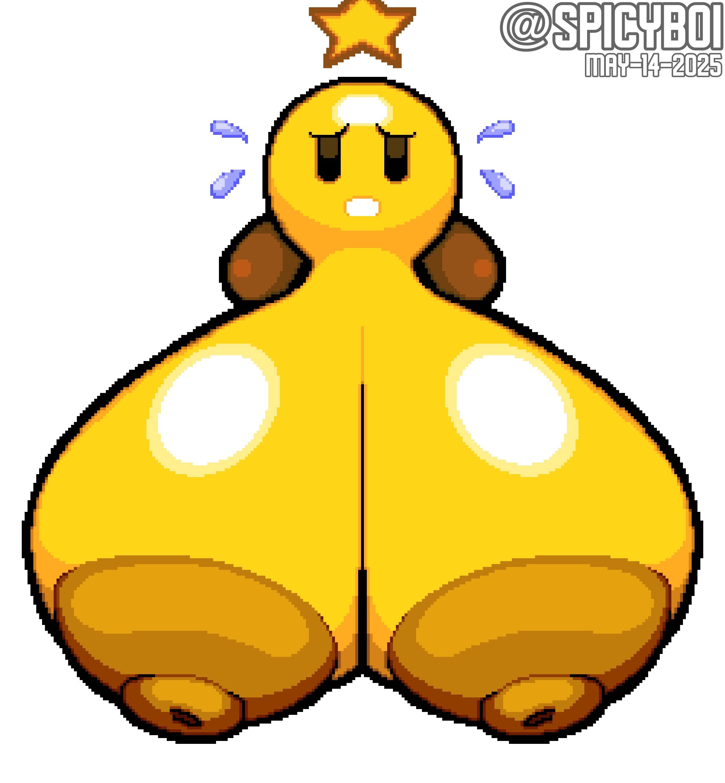 :o, 1girls, ball with boobs, ball with hyper features, breasts, breasts bigger than head, dated, female, female only, hanging breasts, hyper breasts, mario (series), mario and luigi (series), nintendo, nude, pixel art, shoes, spicyboi, star, starlow, tagme, twitter username, waddling head, white background, yellow skin