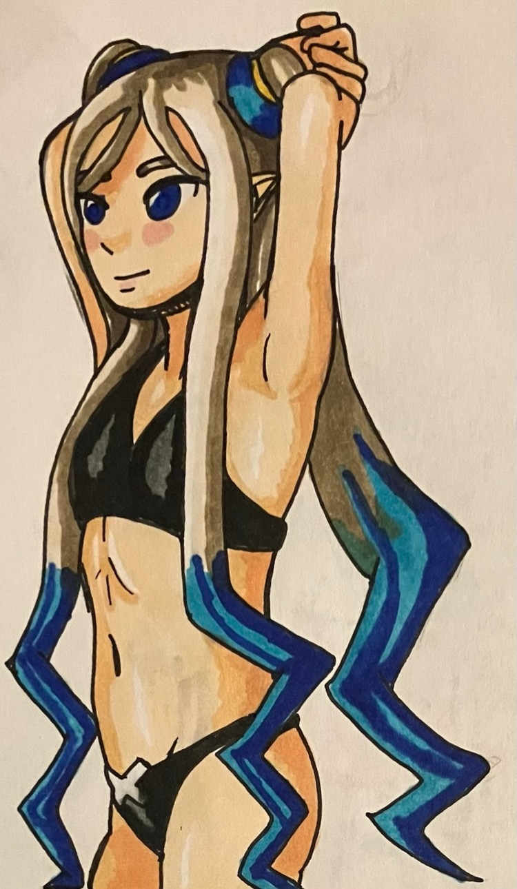 anatomy_studies armband bikini blue_eyes blue_hair_tips dragon dragon_girl dragon_marked_for_death hairties inti_creates mirumiwuad petite pointy_ears small_breasts smile spiky_hair swimsuit traditional_media_(artwork) white_hair witch_(dmfd)