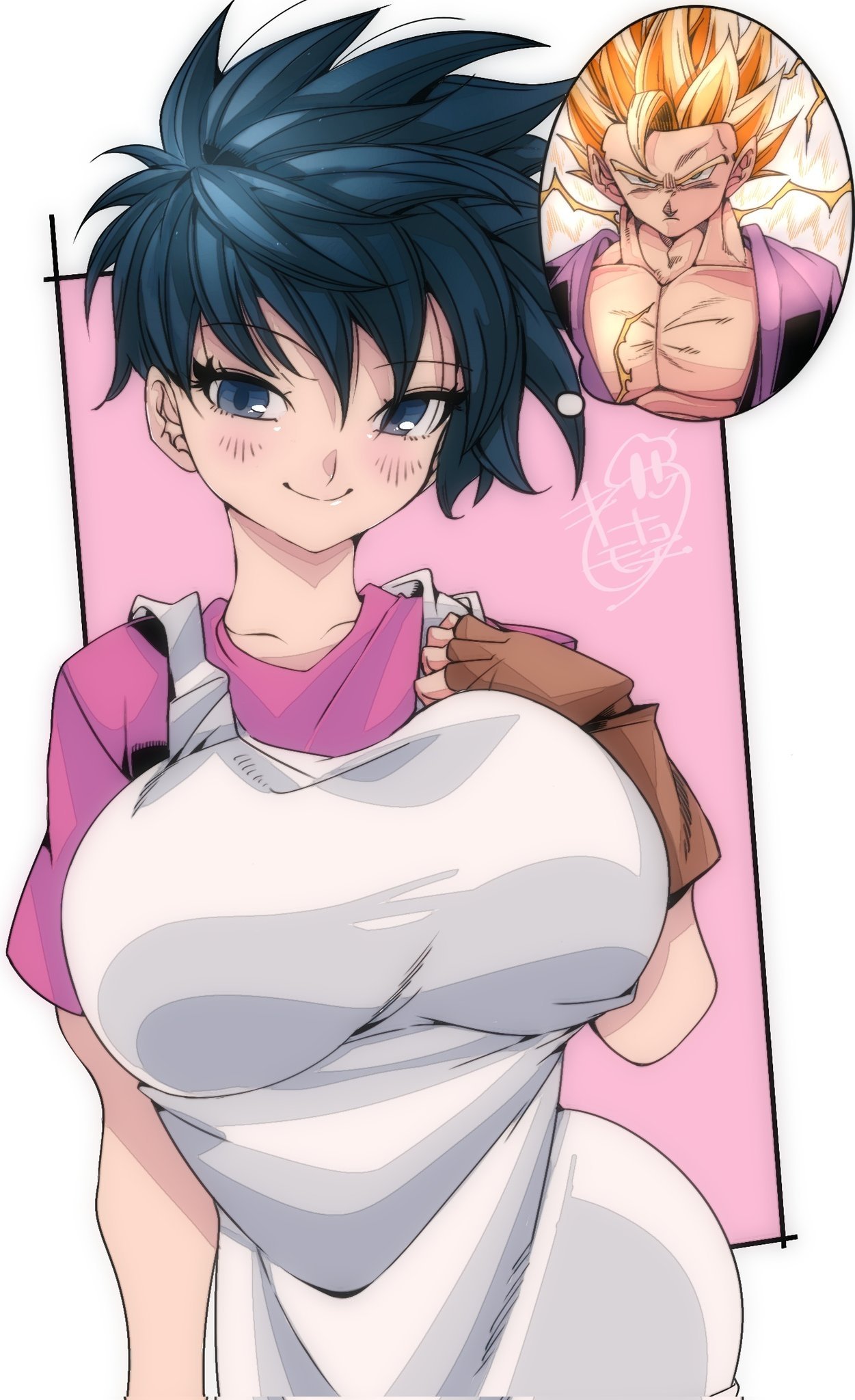 1boy, 1girls, big breasts, black hair, blonde hair, blue eyes, blush, breasts, brown gloves, closed mouth, commentary, dragon ball, dragon ball z, electricity, female, female focus, fingerless gloves, gloves, highres, huge breasts, human, kinakomochi (user vedc2333), large breasts, male, male saiyan, muscular, muscular male, omochi db, pink shirt, saiyan, serious, shirt, short hair, short sleeves, smile, son gohan, speech bubble, super saiyan 2, thought bubble, videl