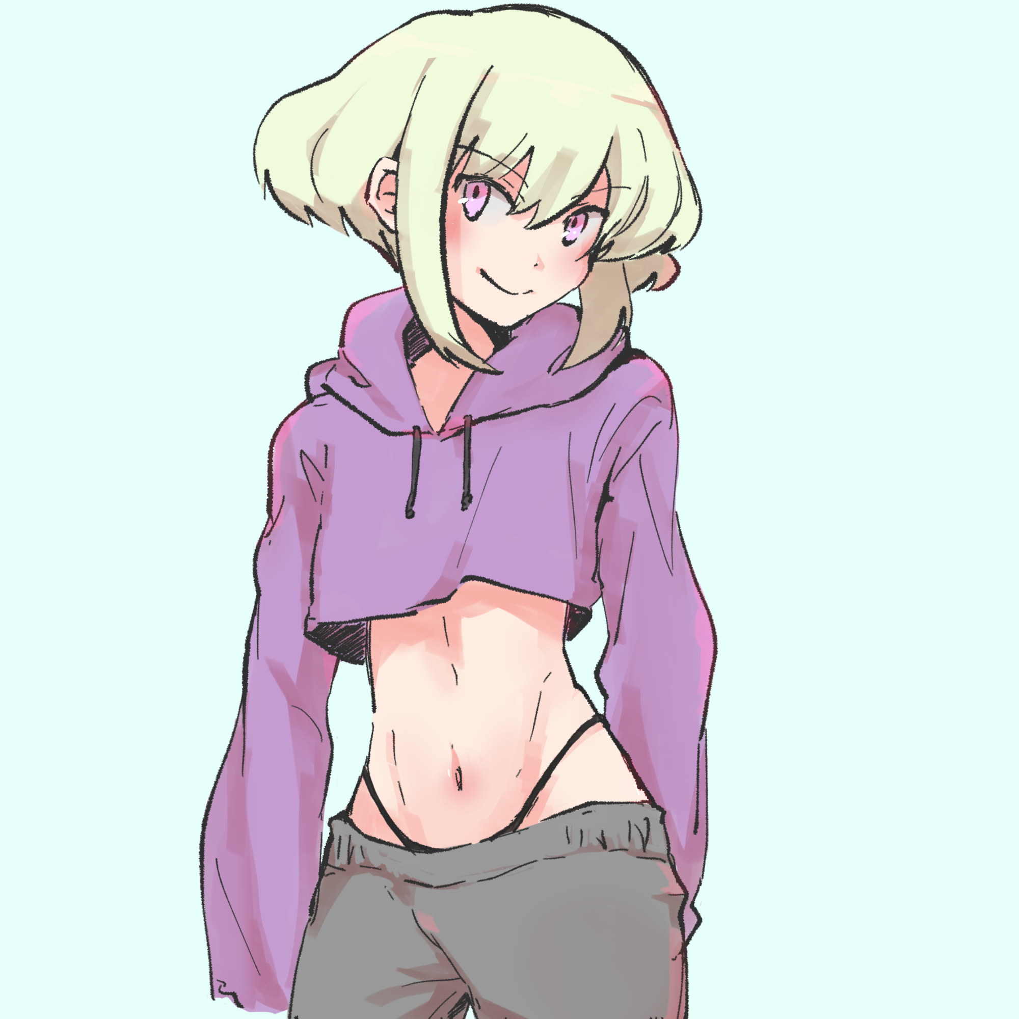 androgynous, aus vaka, bob cut, femboy, hoodie, lio fotia, male, midriff, promare, short hair, solo, twink