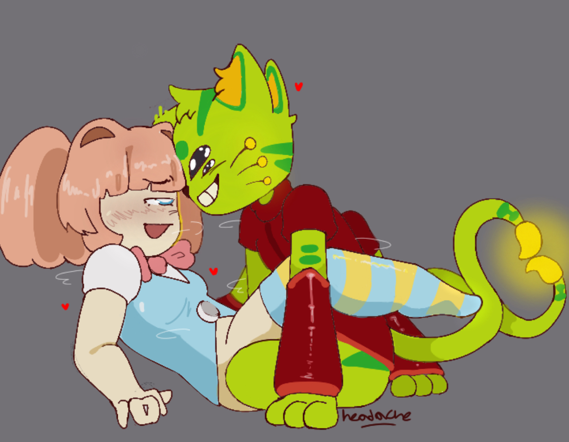 2 tails, 4 arms, 4 eyes, alien, anthro, anthro on human, arm warmers, before sex, blue eyes, blush, bottomless, bowtie, breasts, cat ears, cat tail, clothed, double tail, ear twitch, feet, female, furry, glowing, gnarpy (regretevator), gray background, green fur, head ache, heart, heart tail, heart-shaped tail, hearts, looking at another, looking at partner, missionary position, multi arm, multi eye, multi limb, multi tail, no panties, pale skin, partially clothed, paws, pink hair, plain background, regretevator, roblox, roblox game, salmon hair, self upload, side view, small breasts, smile, smiling, smiling at partner, socks, stat (regretevator), steam, stripes, teeth, thigh highs, twintails, white skin, wholesome
