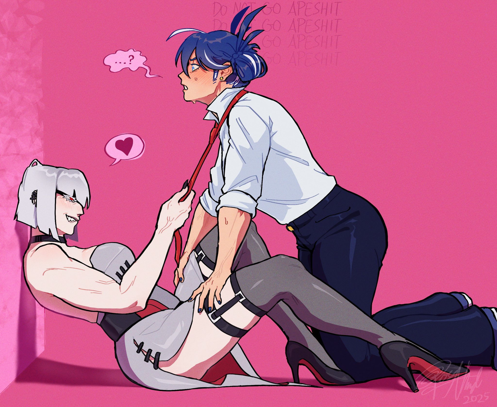 biceps, biting own lip, blush, clothed, clothes, clothing, dominant female, earrings, female, garter straps, genderswap, genderswap (mtf), hair bun, kotobukiya bishoujo, lesbian, lesbian couple, lip biting, long fingernails, megatron, megatron (kotobukiya bishoujo), muscles, muscular, muscular biceps, office lady, optimus prime, optimus prime (kotobukiya bishoujo), power bottom, powerbottom, roseahmad07, rule 63, sharp fingernails, sharp teeth, short hair, short-haired female, skirt, smile, submissive female, tie, tie pull, transformers, transformers g1, veins, veiny arms, veiny muscles, yuri
