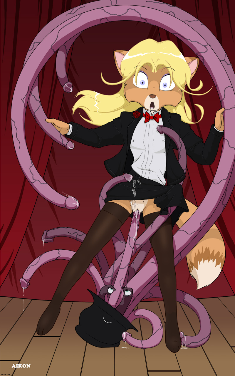 2008 aikon angel anthro blonde_hair bow_tie canine fail female forced fox fur furry hair magic_show magician penis pussy skirt stage stockings surprised tentacle what