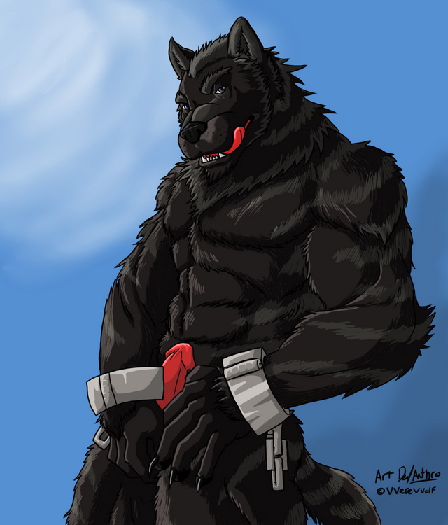 abs anthro balls beefy biceps big blue_eyes body_markings canine chest_tuft claws erection fangs fur furry looking_at_viewer male male_only markings muscles nude pecs penis pose rape_face shackles solo standing stripes tongue vverevvolf werewolf wolf wolfthings