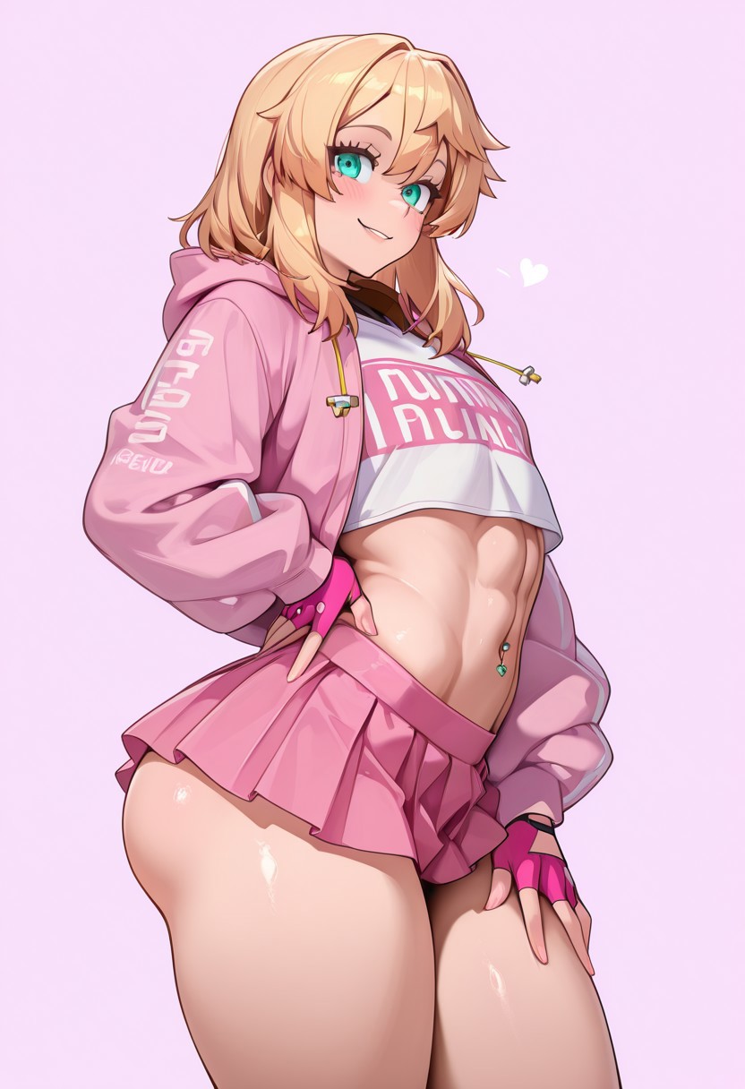 abs, ai generated, androgynous, ass, bedroom eyes, belly, belly button, big ass, blonde hair, bridget, femboy, girly, glossy skin, gloves, guilty gear, guilty gear strive, head on thighs, hoodie, male, miniskirt, naughty face, navel, navel piercing, revealing clothes, smirking, sweaty, tubetop, wide hips