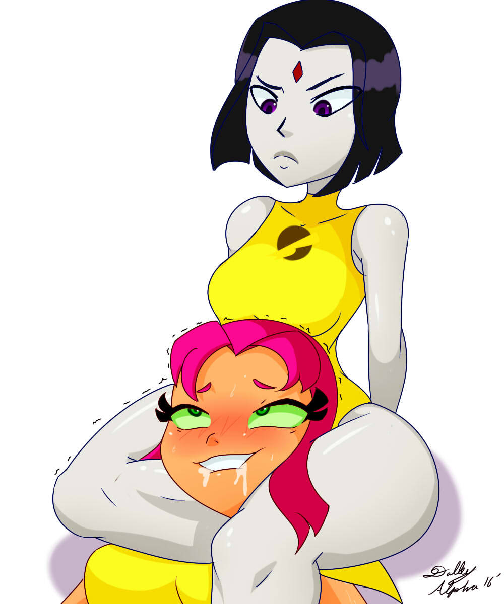 between thighs, black hair, blushing, cartoon network, cartoon network studios, choke hold, dalley le alpha, dc, dc comics, drooling, female, green eyes, incredible quad, koriand'r, lady legasus, multiple females, multiple girls, pale skin, purple eyes, rachel roth, raven (dc), raven (teen titans go!), red hair, signature, starfire, starfire (teen titans go!), tagme, teen titans, teen titans go, text, thigh choking, thighs, yuri