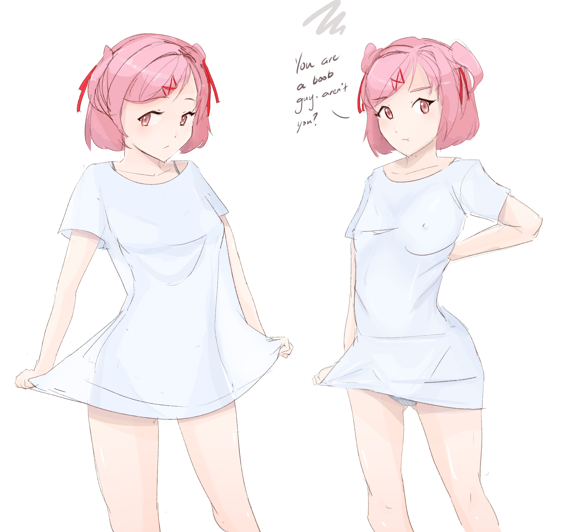 1girls, 9 9bird, doki doki literature club, female, natsuki (doki doki literature club), no pants, panties, pink eyes, pink hair, shirt, solo, standing, text, white shirt