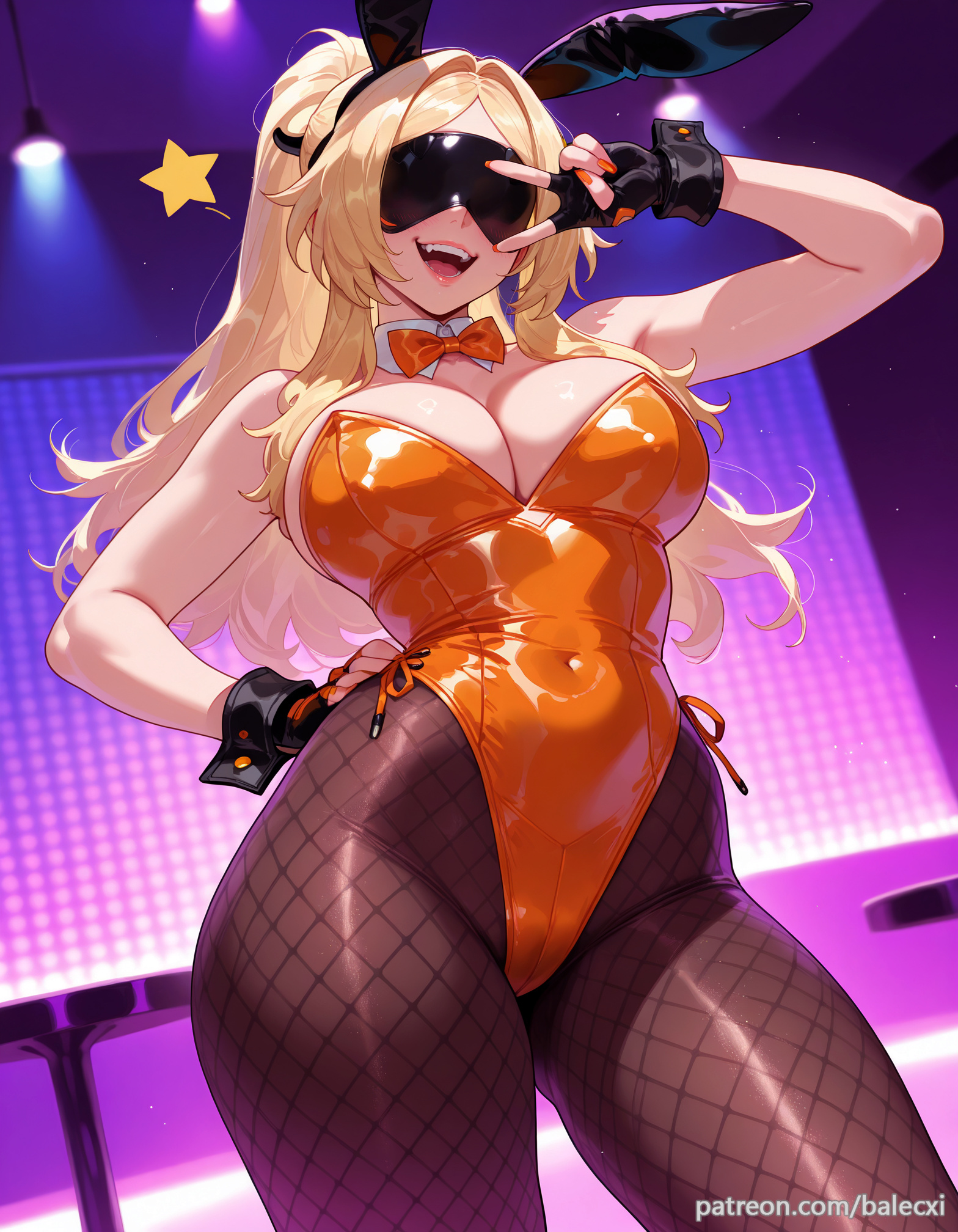 1girls, 2025, ai generated, animal ears, balecxi, bare shoulders, blonde hair, bodysuit, breasts, bunny club, bunny costume, bunny ears, bunny tail, bunnysuit, cleavage, covered navel, cuffs, detached collar, fake animal ears, female, fingerless gloves, fishnet pantyhose, fishnets, gloves, hand on own hip, highleg, highleg leotard, large breasts, long hair, open mouth, orange bow, orange bowtie, orange leotard, pantyhose, playboy bunny, ponytail, rabbit ears, smile, solo, strapless, strapless leotard, trigger (zenless zone zero), wrist cuffs, zenless zone zero