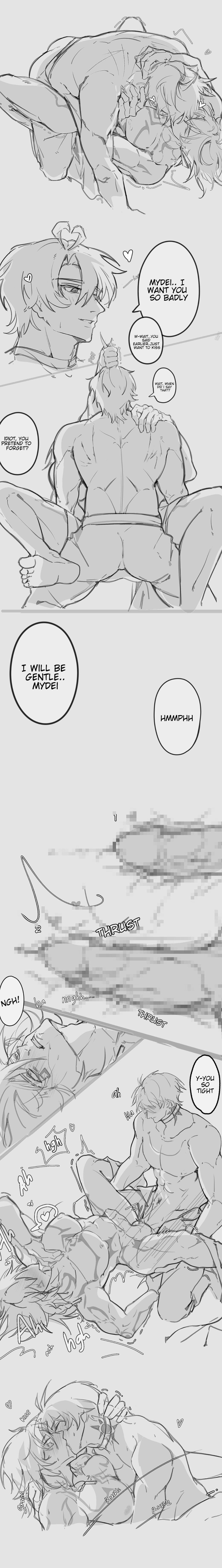 anal, anal sex, censored, censored penis, gay, honkai: star rail, kissing, kissing while penetrated, missionary position, mydei (honkai: star rail), phainon (honkai: star rail), yaoi
