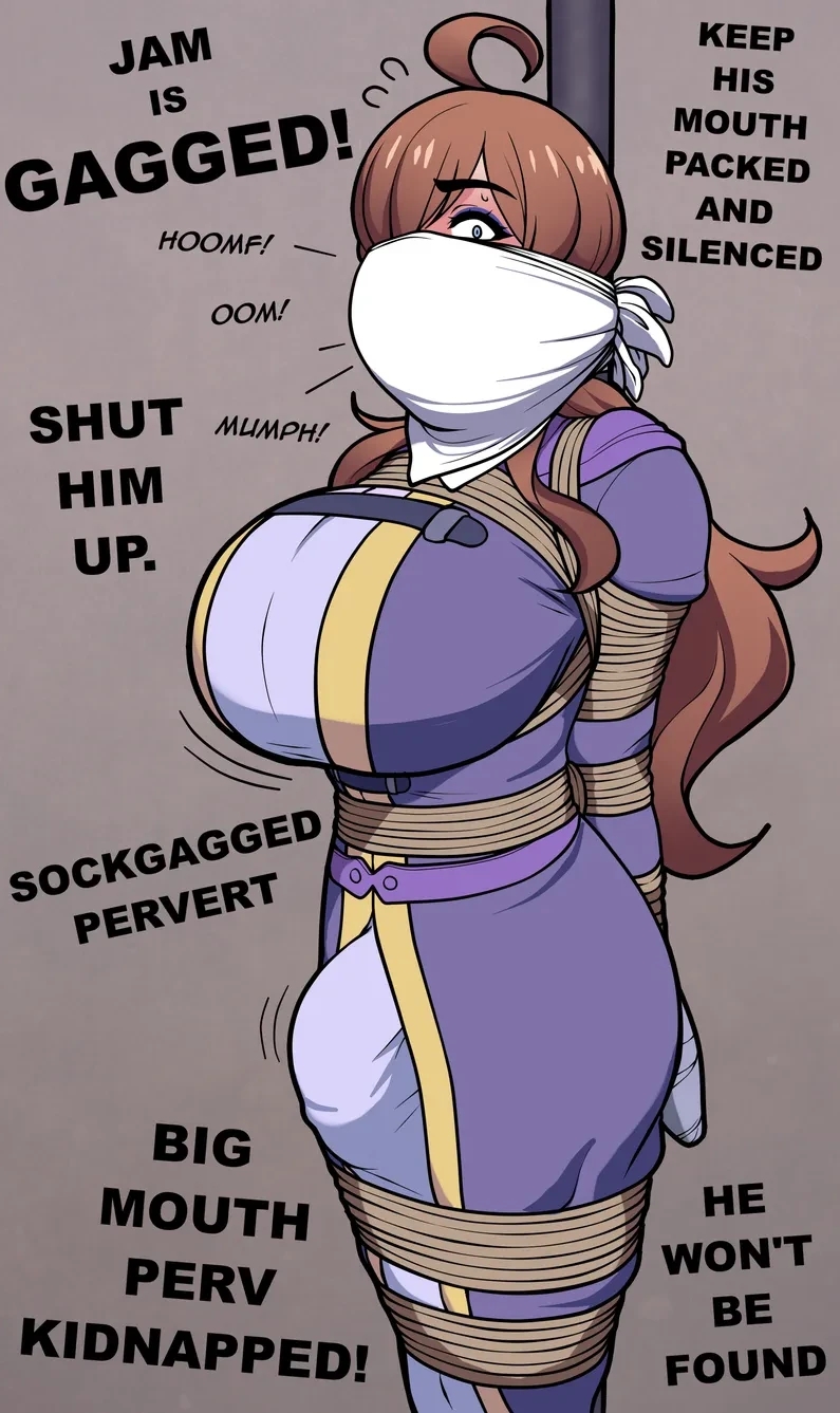 ai generated, bondage, breasts, brown hair, bulge, bulge through clothing, futa only, futanari, futasub, gag, gagged, intersex, jam (jam-orbital), jam-orbital, kono subarashii sekai ni shukufuku wo!, large breasts, male, malesub, purple dress, rope bondage, tagme, taped hands, witch, wiz (konosuba)