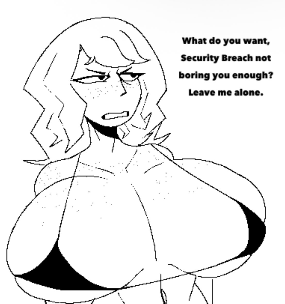 1girls, annoyed, bikini, breasts, clothed, colorless, english text, female, female only, freckles, freckles on breasts, freckles on face, frowning, huge breasts, looking at another, mii, nintendo, no sex, offscreen character, original character, smorepoptarty, solid color background, text, white background, wristband