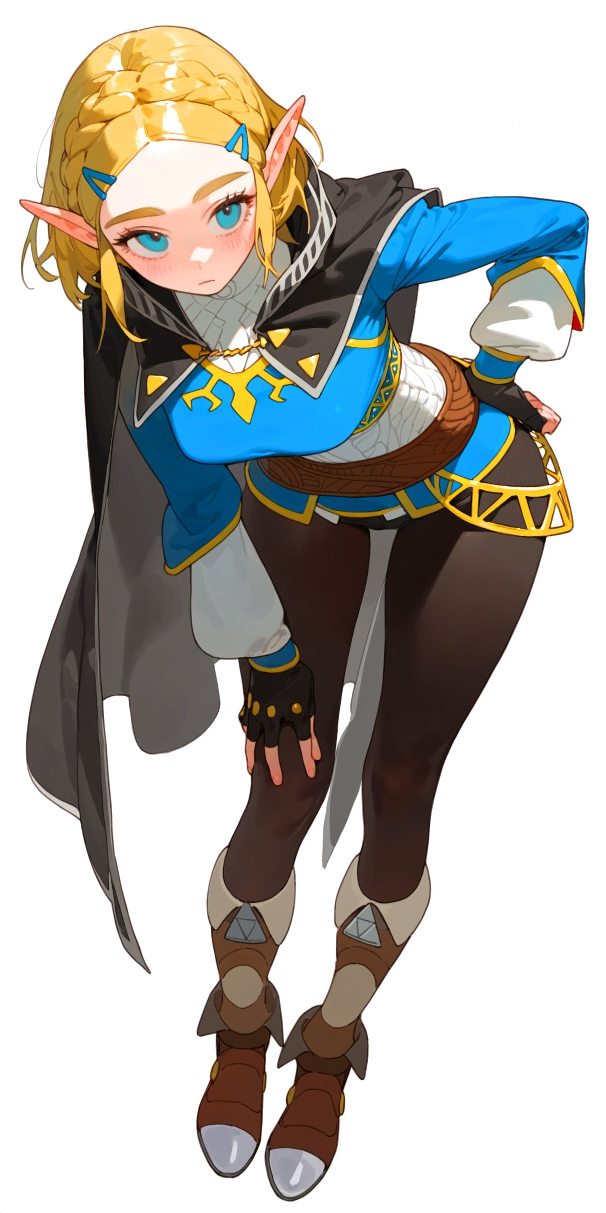 1girls absurdres ai-generated ai_generated bent_over black_gloves blonde_hair blue_eyes blue_shirt boots braid brown_boots cape crown_braid eatsleep1111 female fingerless_gloves forehead full_body gloves hair_ornament hairclip hand_on_own_hip hand_on_own_knee highres long_sleeves looking_at_viewer medium_hair pants pointy_ears princess_zelda puffy_sleeves shirt simple_background solo the_legend_of_zelda the_legend_of_zelda:_tears_of_the_kingdom thigh_gap tight_clothes tight_pants white_background
