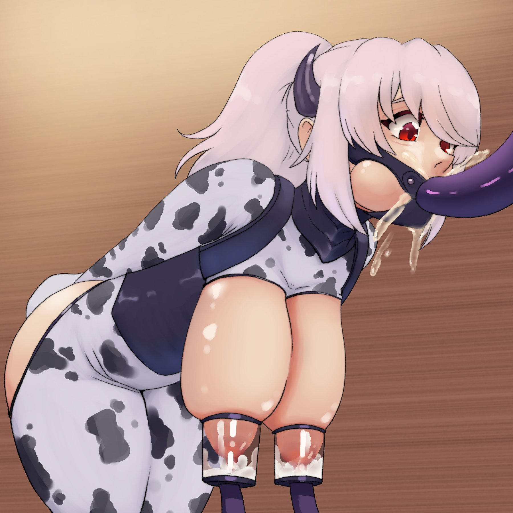 ~, armbinder, ass, bondage, breasts, cattle, cow print, feeding tube, female, force feeding, force feeding bodily fluids, forced feeding, forced feeding cum, gag, gagged, large ass, large breasts, light skin, light-skinned female, milk, milk machine, milking, milking breasts, ponytail, red eyes, tagme, visi, visi (amorincorporate), white hair, women livestock