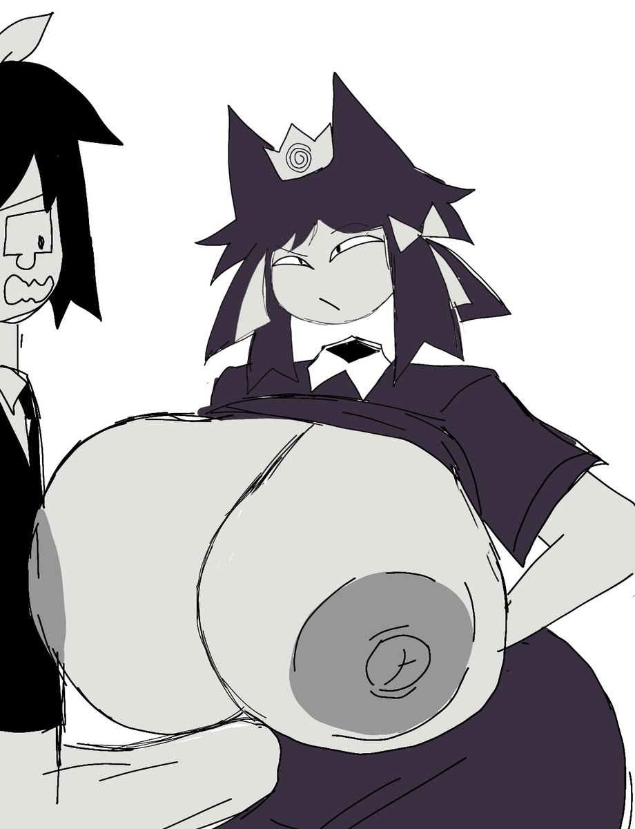 1boy 1female 1girls 1male abbie_(fundamental_paper_education) ass_bigger_than_head big_ass big_breasts breasts_bigger_than_head crown erect_nipples erect_penis erection_under_clothes fundamental_paper_education inminent_sex lizzy_(fundamental_paper_education) looking_at_partner momiji_(artist) nervous showing_breasts simple_background white_background white_body