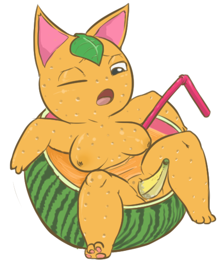 animal_crossing banana banana_insertion breasts feline female fruit insertion nintendo orange_fur pdxyz penetration tangy_(animal_crossing) vaginal_insertion vaginal_penetration watermelon