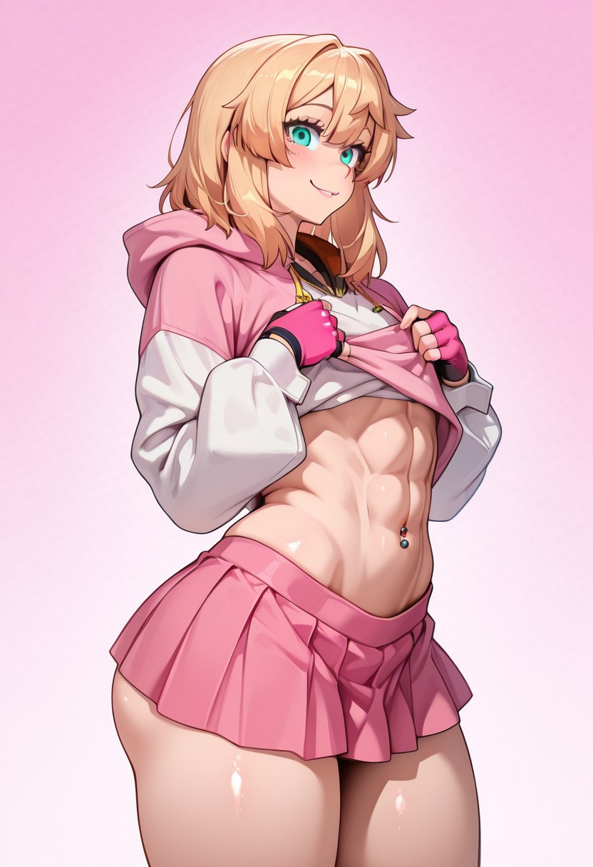 abs, ai generated, androgynous, ass, bedroom eyes, belly, belly button, big ass, blonde hair, bridget, femboy, girly, glossy skin, gloves, guilty gear, guilty gear strive, hoodie, lifting shirt, male, miniskirt, naughty face, navel, navel piercing, revealing clothes, smirking, sweaty, tubetop, wide hips