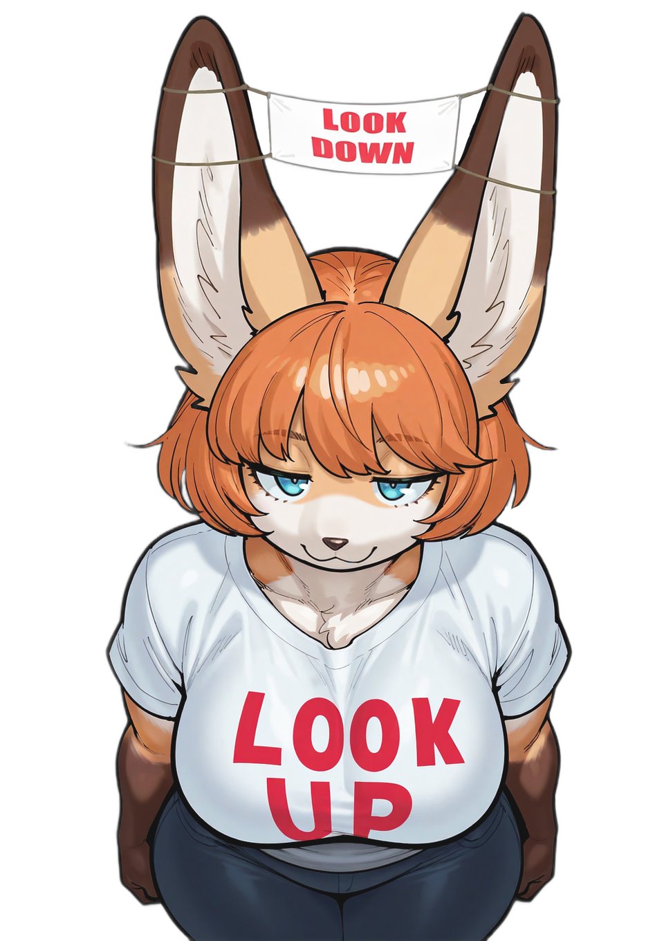 :3, 1girls, 2025, anthro, anthro female, anthro only, beige fur, big breasts, blue eyes, breasts, brown fur, clothed, clothed female, denim, female, female anthro, female only, fennec, fennec ears, fennec fox, fennec humanoid, long ears, looking up, multicolored fur, orange hair, original, pants, shirt, short hair, text on shirt, wheel of fortune (artist), white background, white fur