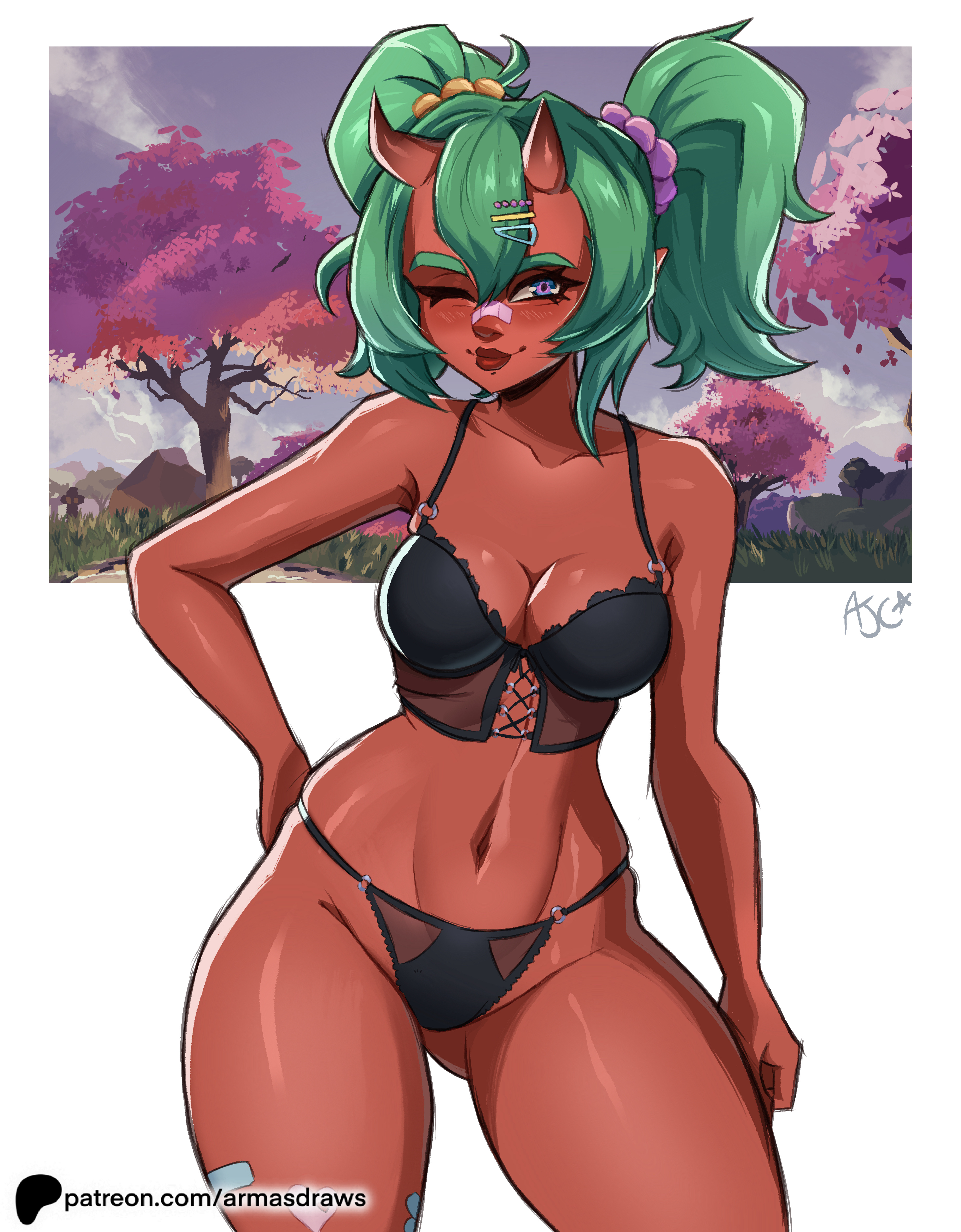 armasdraws, bikini, demon, demon girl, female, fortnite, fortnite: battle royale, green hair, horns, nemia (fortnite), patreon username, red body, sakura tree