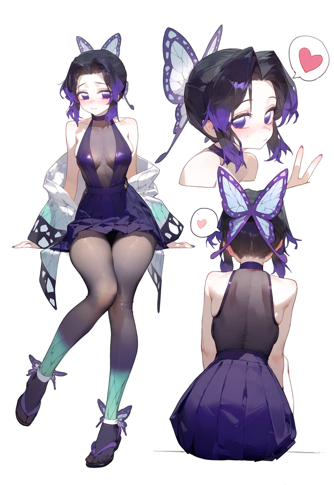 1girls, ai generated, alternate version available, ass, bare shoulders, black hair, blush, breasts, clothed, clothing, demon slayer, eatsleep1111, female, female only, from behind, kimetsu no yaiba, kochou shinobu, purple eyes, purple hair, tagme