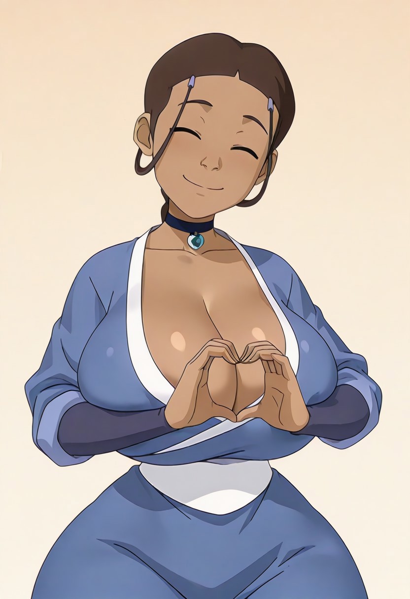:), ai generated, avatar the last airbender, big breasts, braided ponytail, breasts, brown-skinned female, cleavage, clothed, clothes, dark skin, dark-skinned female, female, female focus, female only, hair loopies, happy, happy female, heart, heart hands, huge breasts, katara, large breasts, simple background, smile, smiling, solo, solo female, solo focus, tied hair, top heavy, tribal, tribal necklace, water tribe, wide hips