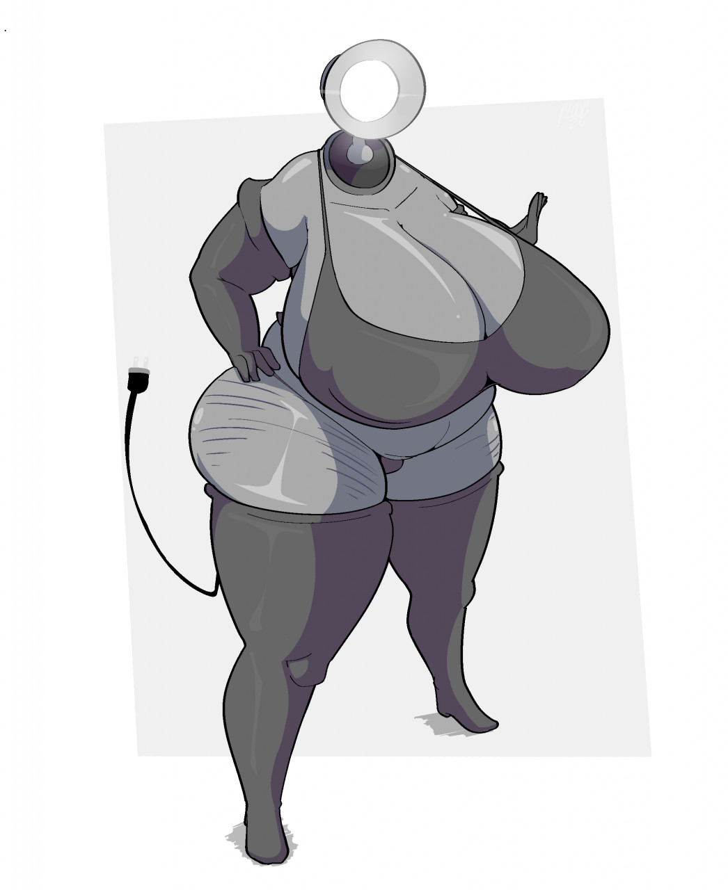 animate inanimate, anthro, anthrofied, big breasts, bra, breasts, cord tail, female, grey body, grey skin, lamp, luxo jr., object head, pixar, plug tail, simple background, solo, solo female, tagme, tagme (artist), tail