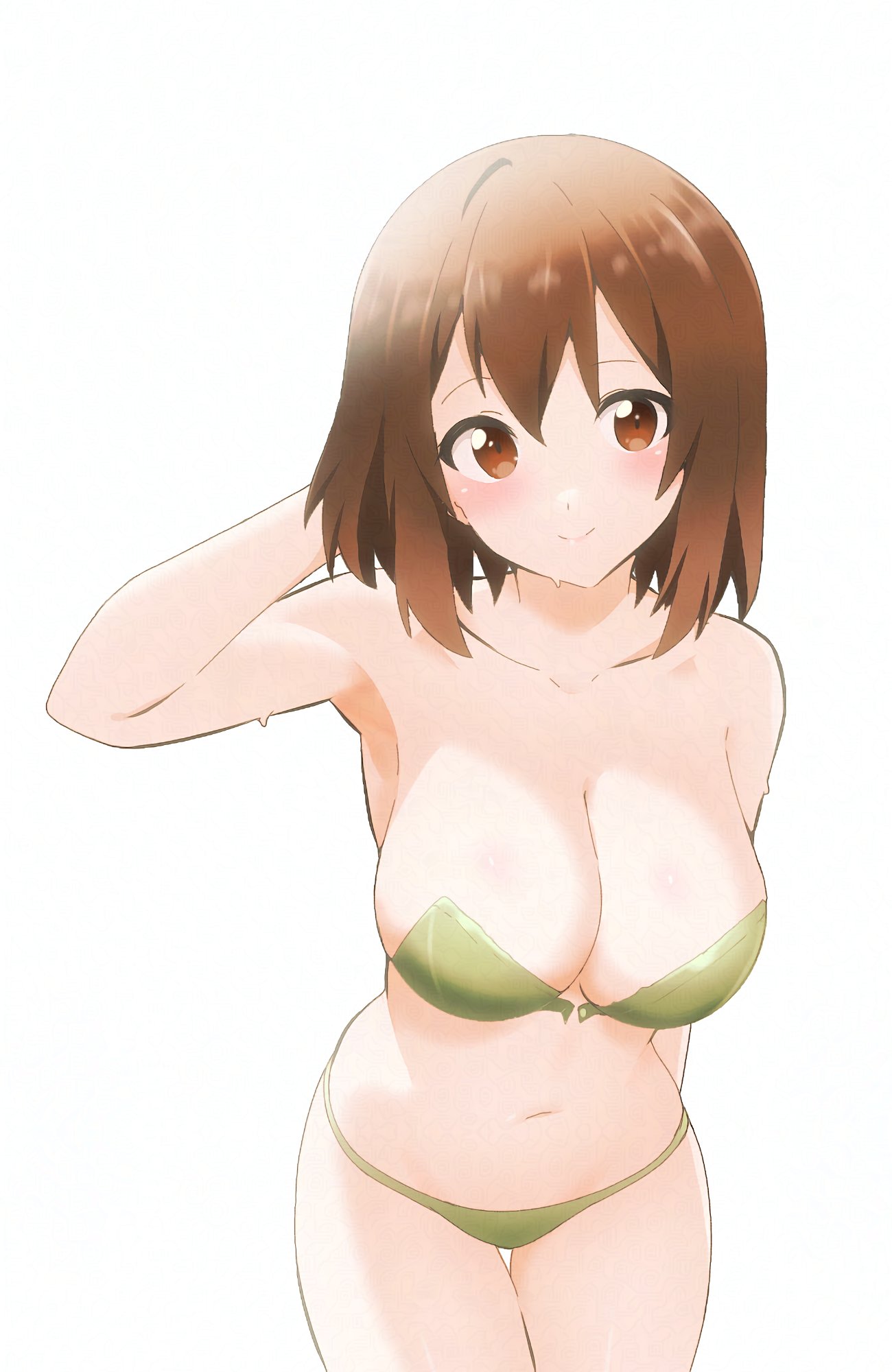 1girls, bending forward, brown hair, female, hand behind head, hitorilily, k-on!, simple background, smiling at viewer, solo, swimsuit, tagme, underwear, yui hirasawa (k-on!)