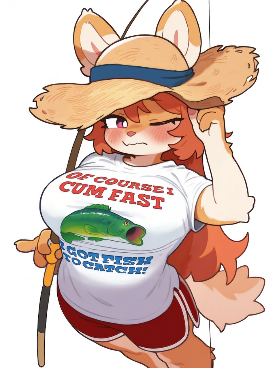 2025 anthro anthro_female blush_lines clothed_female dolphin_shorts eyelashes female female_anthro female_only fish fishing_rod magenta_eyes multicolored_fur one_eye_closed orange_fur orange_hair original solo solo_female straw_hat t-shirt text_on_clothing text_on_shirt wheel_of_fortune_(artist) white_background white_fur wolf_ears wolf_girl wolf_humanoid wolf_tail