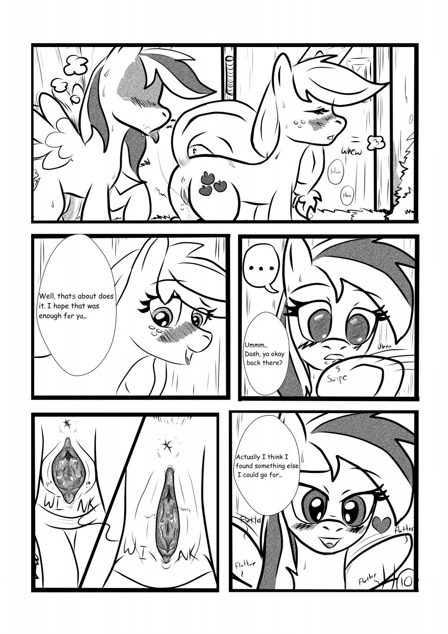 2012 anus applejack_(mlp) barn black_and_white blush comic cutie_mark dialogue english_text equine female feral freckles friendship_is_magic hay horse kyokimute monochrome my_little_pony open_mouth pegasus plain_background pony pussy rainbow_dash_(mlp) saliva_string spreading text white_background wing_boner wings yuri