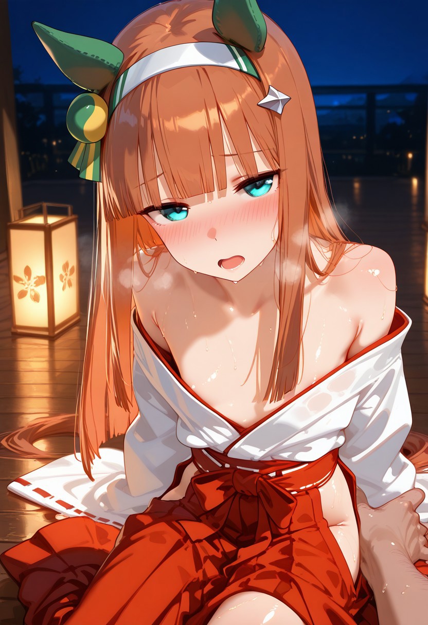 ai generated, animal ears, breasts, female, green eyes, hair band, horse girl, long hair, miko outfit, orange hair, silence suzuka (umamusume), small breasts, solo, solo female, umamusume, umamusume pretty derby