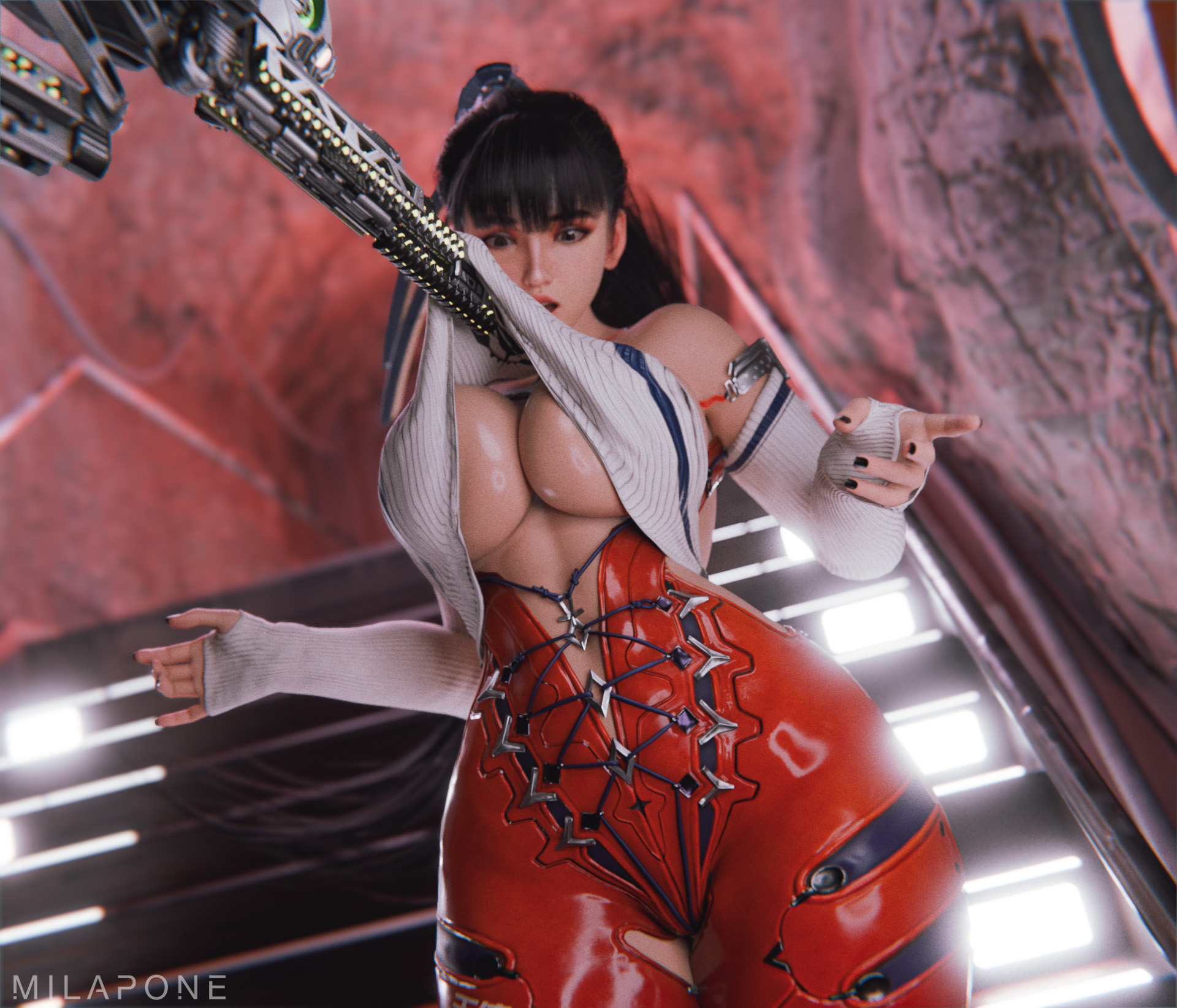 1girls, 3d, andro-eidos, big breasts, big thighs, black hair, breasts, curvaceous, curvy, curvy figure, cyborg, eve (stellar blade), female, female only, hips, hourglass figure, huge thighs, humanoid, large thighs, light skin, light-skinned female, long hair, mature, mature female, milapone, ponytail, shift up, shocked, skin tight, slim waist, stellar blade, surprised, tagme, thick, thick hips, thick legs, thick thighs, thighs, tight clothes, tight clothing, underboob, voluptuous female, waist, wide hips