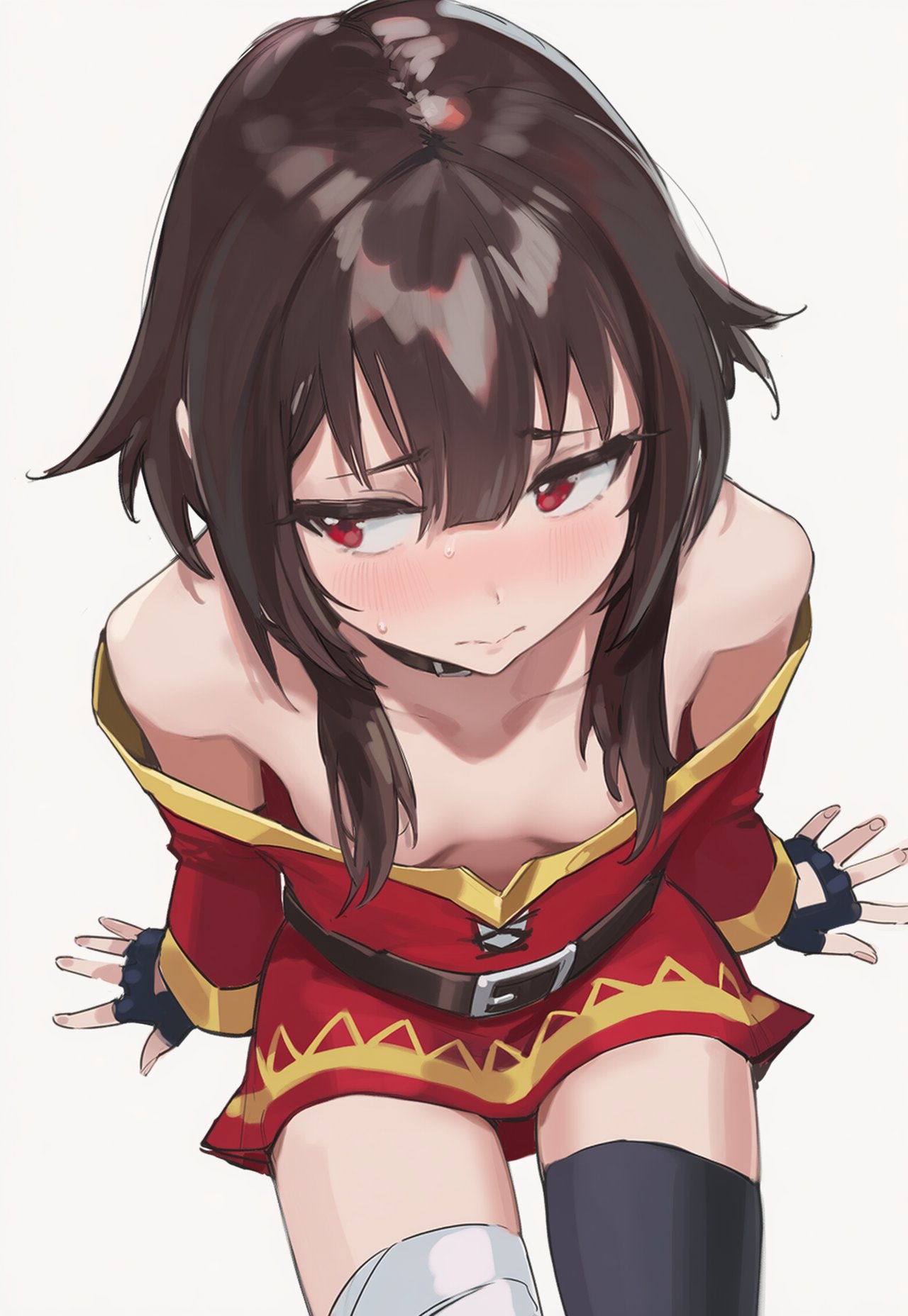 1girls, ai generated, arm support, bandaged leg, bandages, bare shoulders, belt collar, black gloves, black thighhighs, blush, breasts, brown hair, closed mouth, collar, commentary, dress, female, female only, fingerless gloves, from above, gloves, highres, looking away, megumin, model request, no bra, off shoulder, off-shoulder dress, red dress, red eyes, short hair, simple background, single thighhigh, sitting, small breasts, solo, sweatdrop, thighhighs, white background, zettai ryouiki