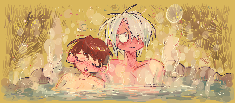 1boy 1girls auburn_hair bath bathing blush brown_hair completely_nude female full-face_blush ge__jug gegege_no_kitarou hair_over_one_eye half-closed_eyes husband_and_wife iwako_(gegege_no_kitarou) kitarou_tanjou_gegege_no_nazo male medama_oyaji_(human) nonsexual_nudity nude onsen short_hair smile steam sweat upper_body very_short_hair white_hair wholesome