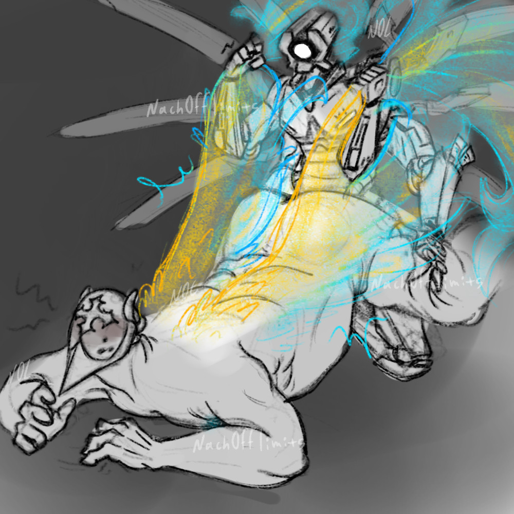 1angel, 1boy, 1robot, 2boys, alternate version at source, anal sex, blush, blushing male, chubby male, gabriel (ultrakill), gay, gay anal, gay domination, gay sex, grabbing thigh, grabbing wings, helmet, helmet only, legs raised, looking at partner, male, male only, male/male, nach0fflimits, new blood interactive, robot, robot on angel, robotic arm, tagme, ultrakill, v1 (ultrakill), wings, yaoi