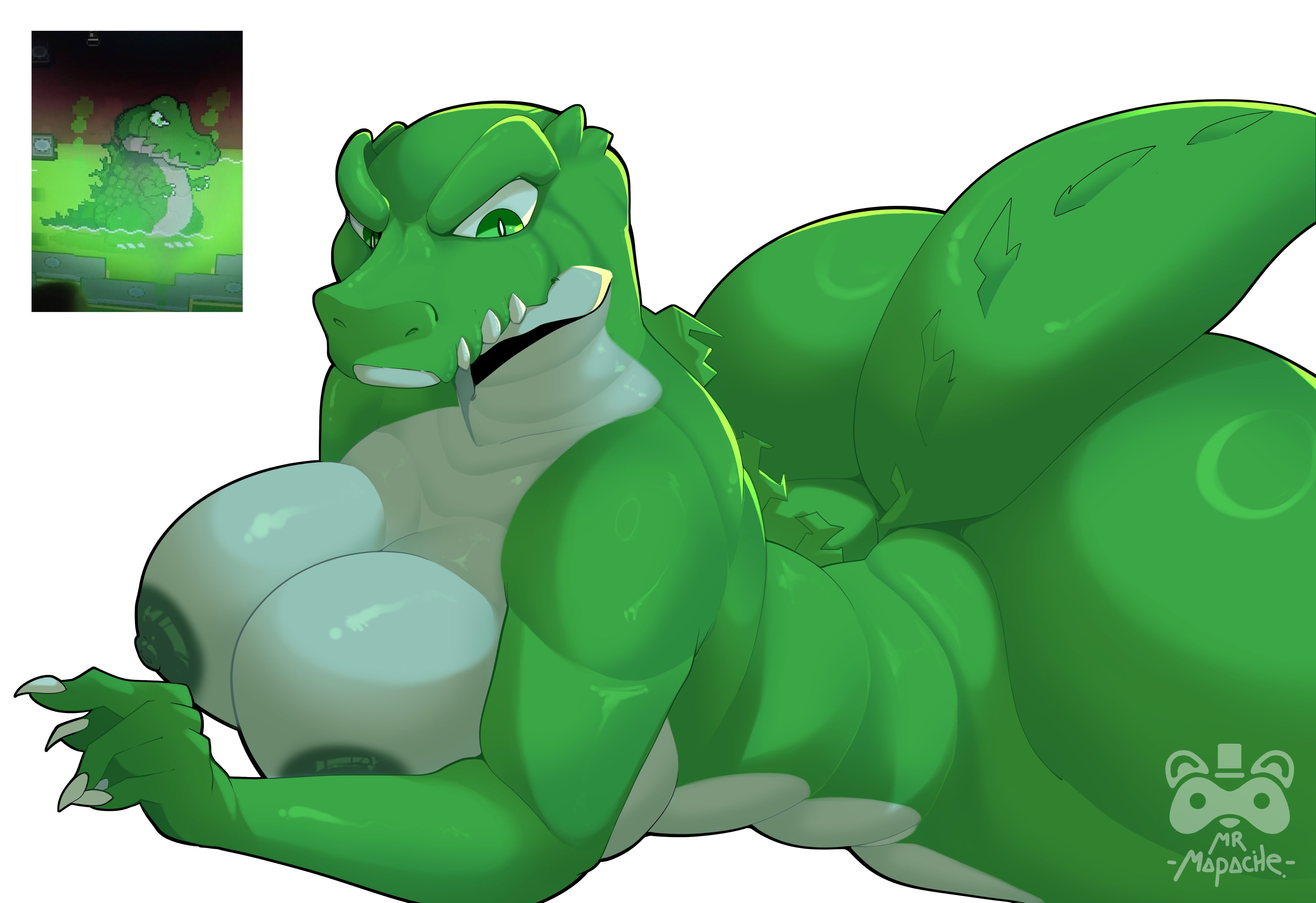 alligator, anthro, big ass, big breasts, big butt, big nipples, big thighs, big titties, breasts, curvaceous, curvaceous female, curvaceous figure, curvy, curvy figure, curvy hips, female, female focus, female only, green skin, kindergarten (game), kindergarten 3, linda (kindergarten 3), mr mapache, nipples, nude, nude female clothed female