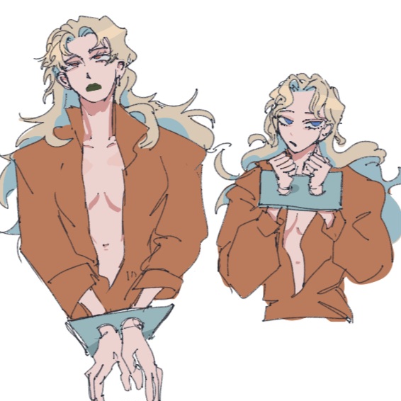 blonde_hair blue_eyes breasts colored covering_breasts dio_brando female female/female female_only genderswap_(mtf) hands kira_yoshikage kiradio lipstick long_hair no_bra prisoner red_eyes short_girl taller_girl tired tired_expression tired_eyes women women_only yoshikage_kira