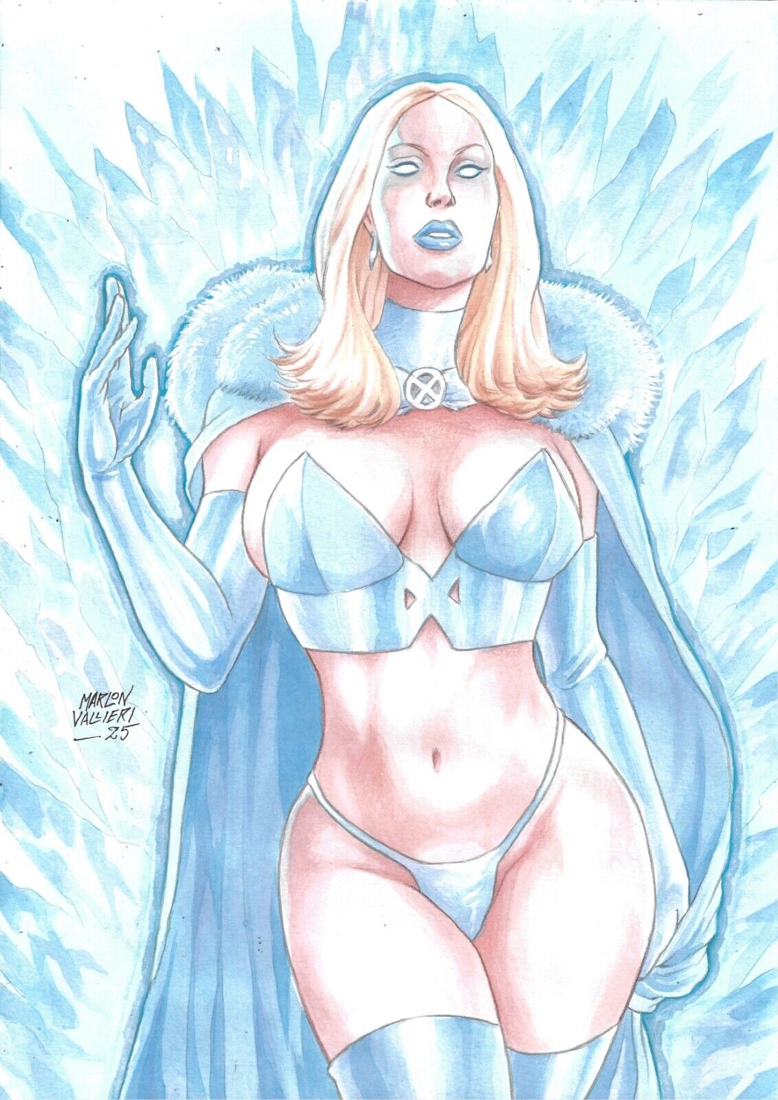 blonde_female blonde_hair blue_lipstick breasts choker cleavage corset emma_frost female female_only glowing_eyes hellfire_club large_breasts lingerie marvel marvel_comics panties pussy_bulge white_queen wide_hips x-men