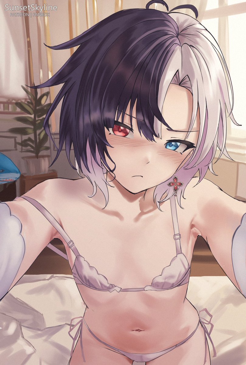 black_hair blue_eye bra e-sekai flat_chest frown heterochromia idol-en idol_corp jbed lingerie panties pink_hair red_eye rin_penrose selfie side_tie_panties sunsetskyline tomboy virtual_youtuber vtuber white_bra white_hair white_lingerie white_panties