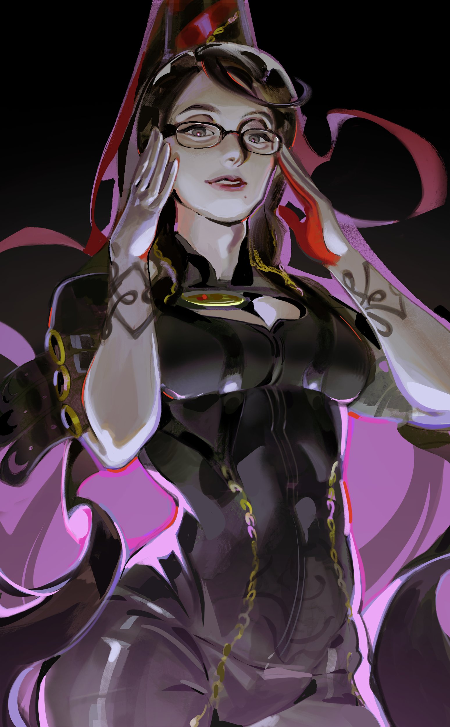 absurdres, adjusting eyewear, bayonetta, bayonetta (character), bayonetta (series), bayonetta 1, beauty mark, black background, black bodysuit, black hair, bodysuit, breasts, cleavage, cleavage cutout, clothing cutout, cowboy shot, female, glasses, grey eyes, hashtag-only commentary, highres, long hair, looking at viewer, medium breasts, mole, mole under mouth, parted lips, plazmch, ponytail, short sleeves, solo, swept bangs, upper body