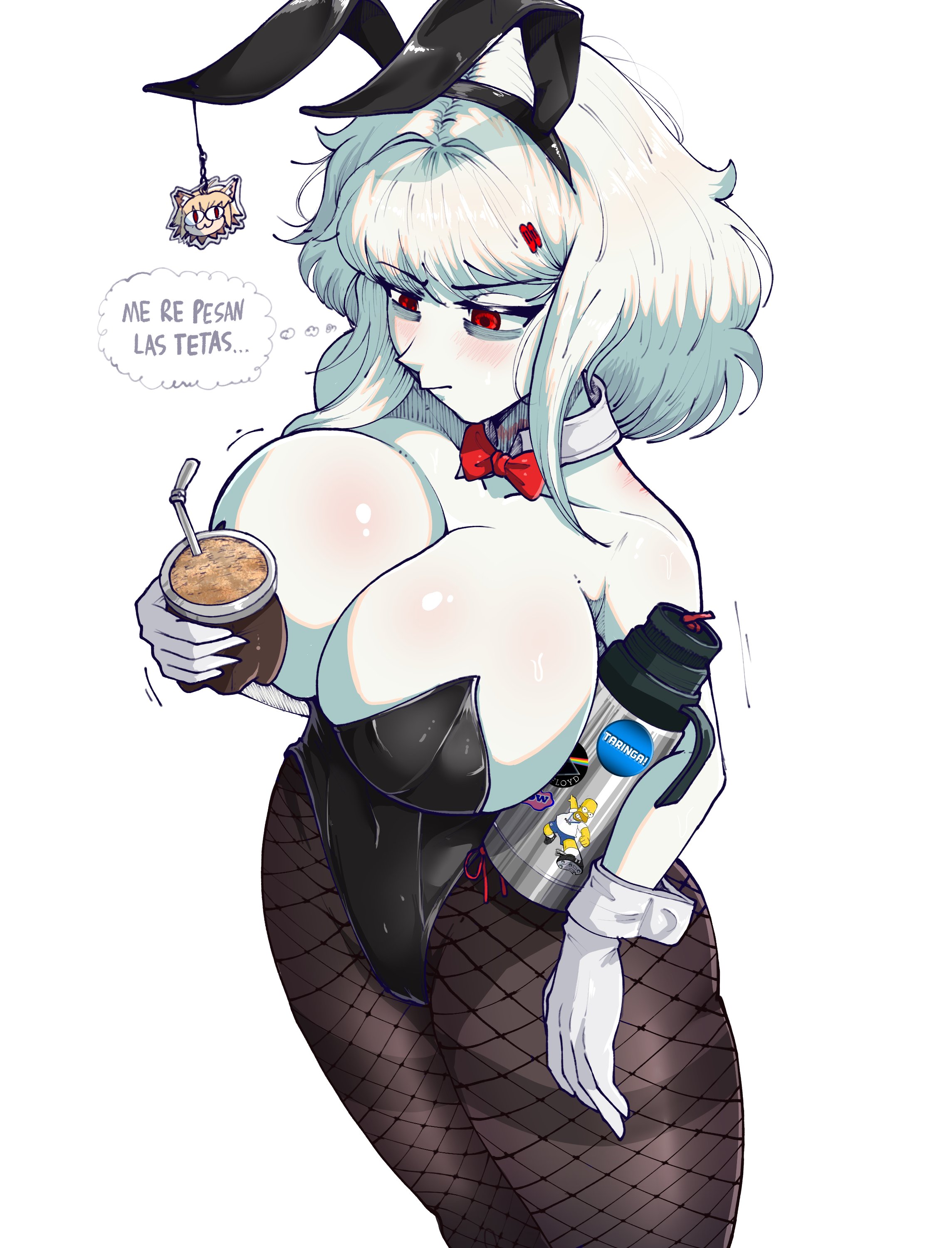 1girls, albina (tidal), albino, argentina, big breasts, breasts, bunnysuit, child bearing hips, curvy female, dialogue, female, homer simpson, latina, light skin, light-skinned female, melty blood, neco-arc, oc, pink floyd, red eyes, short hair, spanish, spanish dialogue, spanish text, speech, taringa!, text, text bubble, the simpsons, tidal (artist), translation check, voluptuous female, white hair
