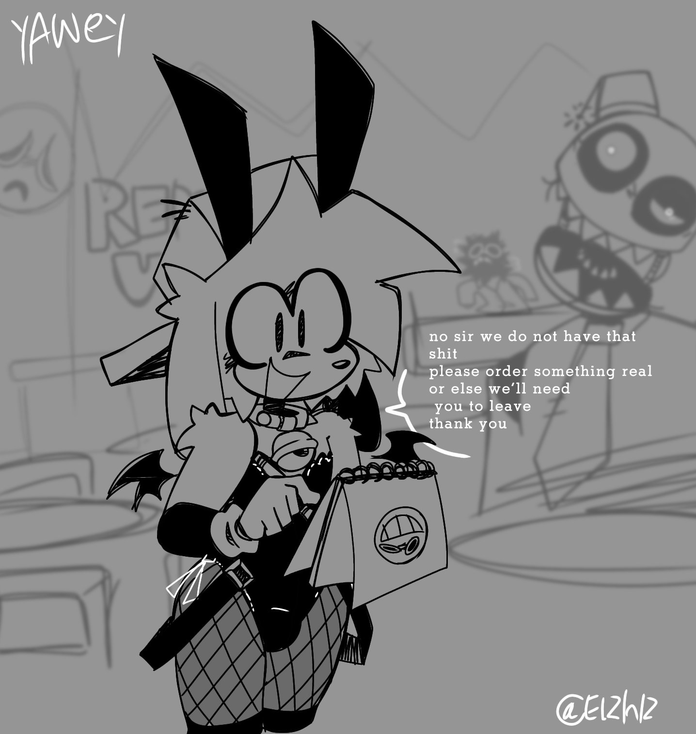 boyfriend (friday night funkin), bunfriend, bunnysuit, elzhiz, encore boyfriend (friday night funkin), friday night funkin, friday night funkin mod, male, ordering food