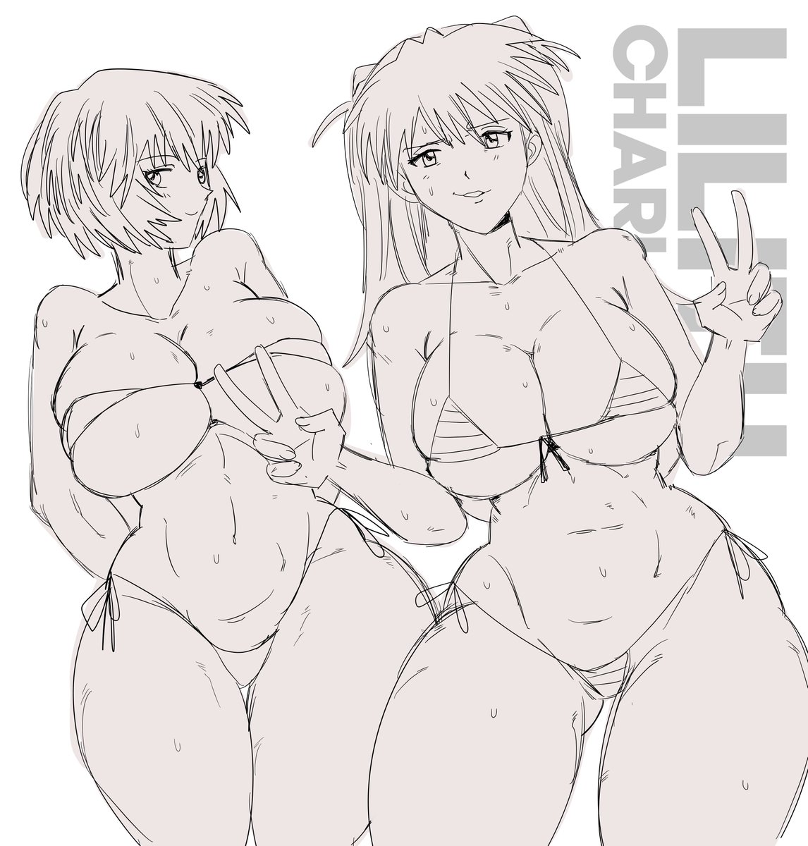 asuka langley sohryu, bikini, breast squish, double peace sign, double v, double v sign, huge breasts, lilithcharlott2, neon genesis evangelion, rei ayanami, skindentation, small bikini, striped bikini, striped swimsuit, sweat, thick thighs, tight bikini, tight clothing, underboob, v, v sign, v v, wide hips