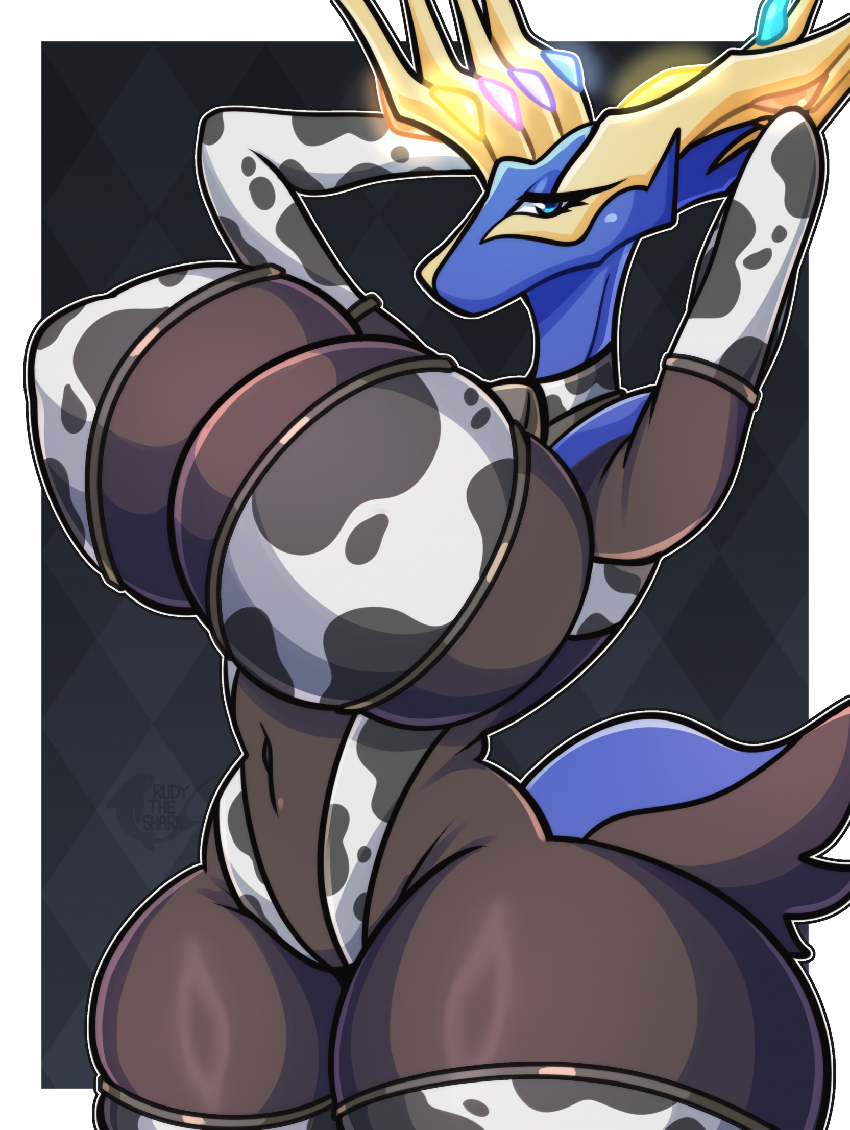 animal print, anthro, antlers, armwear, big breasts, black body, blue body, blue eyes, breasts, clothing, cow print, deer, female, generation 6 pokemon, hi res, horn, huge breasts, legendary pokemon, legwear, mammal, nintendo, pokemon, pokemon (species), rudytheshark, simple background, solo, stockings, thick thighs, wide hips, xerneas, xerneas (active mode)