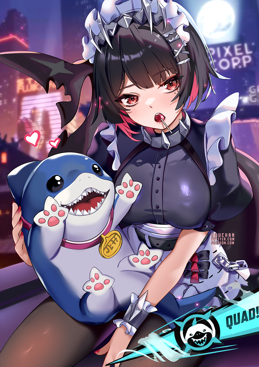 apron bangs black_eyes black_hair black_legwear black_nails blunt_bangs blush breasts crossover dress ellen_joe eyebrows_visible_through_hair fangs female food frills full_moon hairclip heart hoyoverse jeff_the_land_shark looking_at_viewer maid maid_headdress marvel marvel_rivals medium_breasts moon mouth_hold multicolored_hair nail_polish night open_mouth pantyhose puffy_sleeves sharp_teeth short_hair short_sleeves solo squchan teeth wrist_cuffs zenless_zone_zero