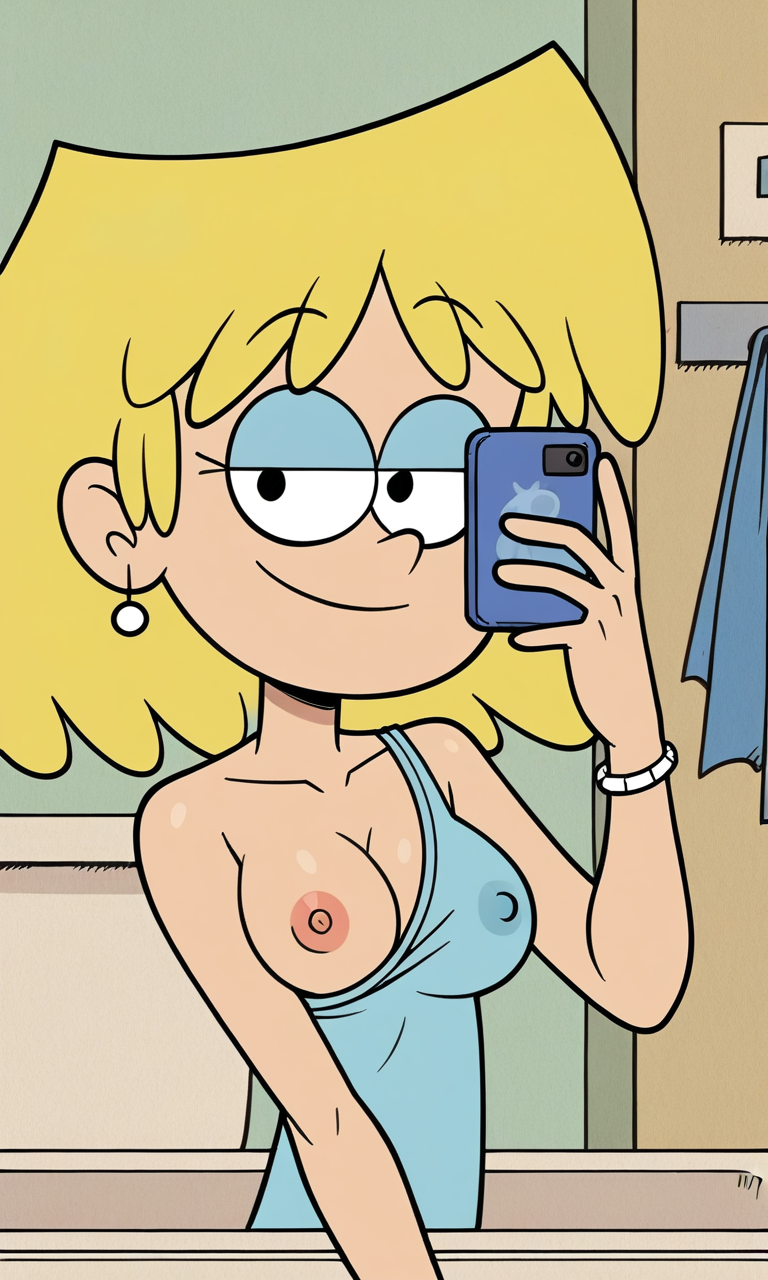 ai_generated big_breasts blonde_hair boobs_out close-up flashing hard_nipples huge_breasts lori_loud phone selfie smiling tagme the_loud_house