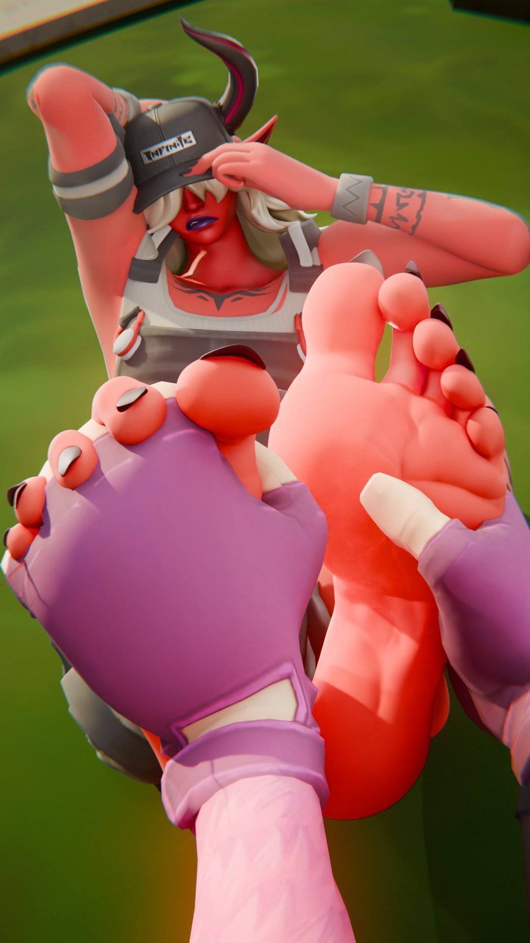 3d (artwork), alternate version, annoyed, annoyed expression, black toenails, clawed toes, cuddle team leader, demon girl, desdemona (fortnite), doopysart, doopysart (artist), female, foot fetish, foot focus, foot grab, fortnite, fortnite: battle royale, red skin, soles